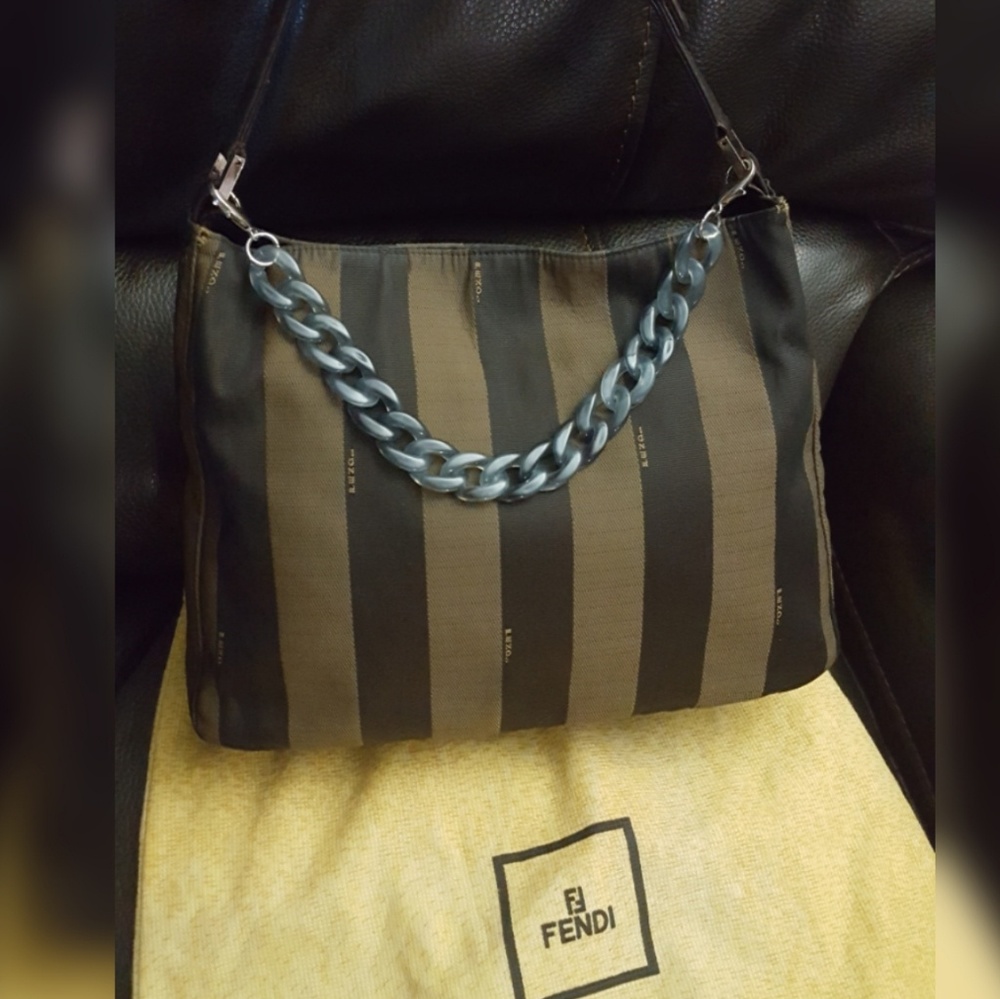 Vintage Fendi Pequin Hobo Shoulder Bag With Dustbag & Added Accent Chain